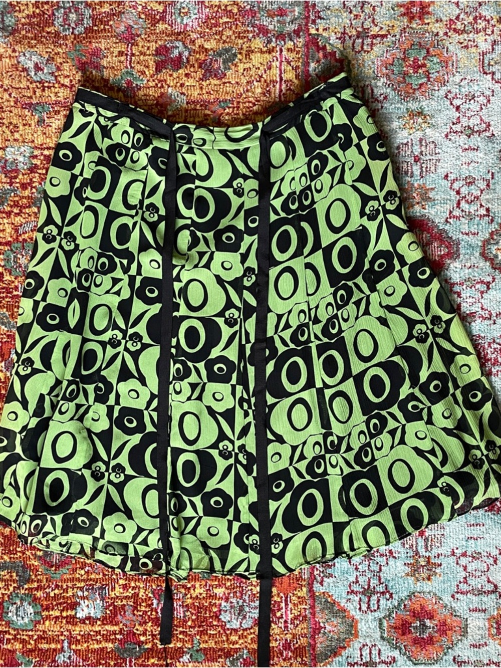 Vintage Silk JohnPaulRichard Neon Green & Black Graphic A-Line Skirt